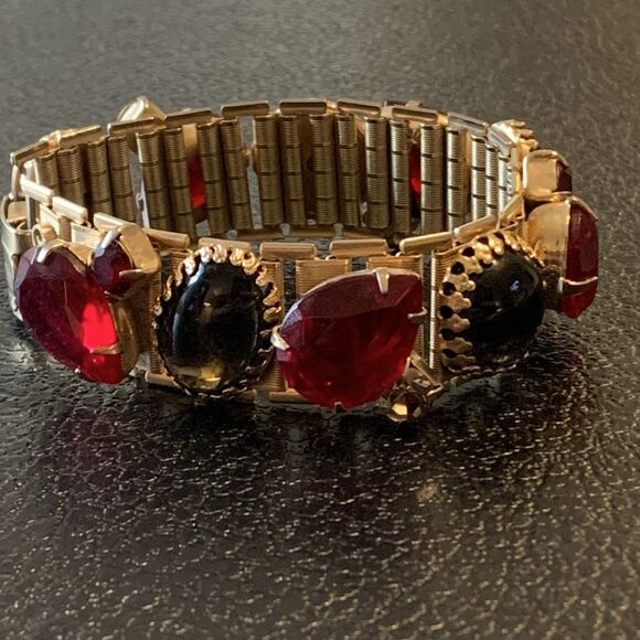 VTG Ruby Red & Smoky Gray Glass Cabochon Link Bracelet Gold Tone Art Deco Style - Picture 3 of 15